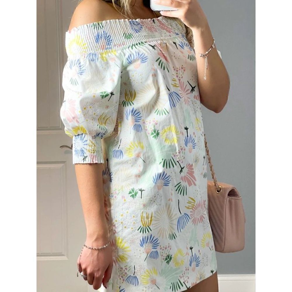 Zara Floral Multicolor Smocked Off-The-Shoulder Mini Dress - size S - Picture 2 of 10